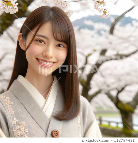 I drew a smiling young lovely woman with cherry blossoms in the background. I drew a smiling young lovely woman with cherry blossoms in the background. 112784451
