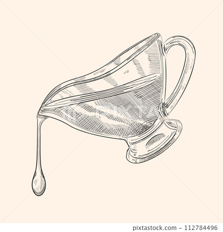 The butter pours from the sauce pan. A stream of oil, a drop of oil. Vector drawing in engraving style The butter pours from the sauce pan. A stream of oil, a drop of oil. Vector drawing in engraving style 112784496