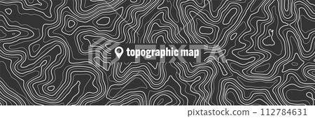 Topographic map with contour lines. Geographic terrain grid, relief height elevation. Ground path pattern. Travel and navigation, cartography design element. Vector illustration Topographic map with contour lines. Geographic terrain grid, relief height elevation. Ground path pattern. Travel and navigation, cartography design element. Vector illustration 112784631