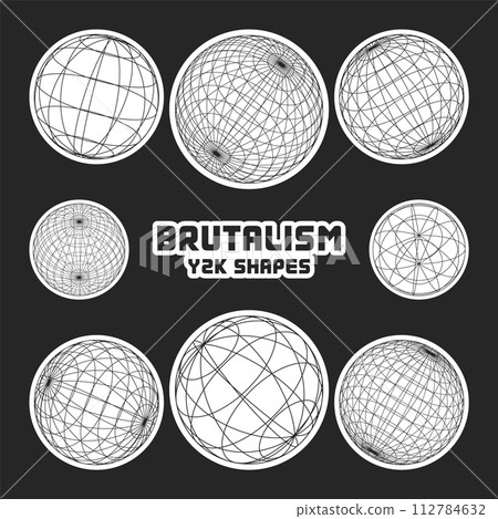 Wireframe shapes, lined sphere. Perspective mesh, 3d grid. Modern trendy low poly geometric elements. Retro futuristic design elements, y2k, vaporwave and synthwave style. Vector illustration Wireframe shapes, lined sphere. Perspective mesh, 3d grid. Modern trendy low poly geometric elements. Retro futuristic design elements, y2k, vaporwave and synthwave style. Vector illustration 112784632