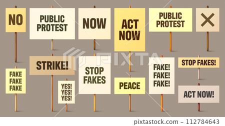 Colorful protest signs with slogan on wooden holder. Realistic vector demonstration banner. Strike action cardboard placard mockup Colorful protest signs with slogan on wooden holder. Realistic vector demonstration banner. Strike action cardboard placard mockup 112784643