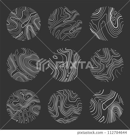 Topographic map with contour lines. Geographic terrain grid, relief height elevation. Ground path pattern. Travel and navigation, cartography design element. Vector illustration Topographic map with contour lines. Geographic terrain grid, relief height elevation. Ground path pattern. Travel and navigation, cartography design element. Vector illustration 112784644