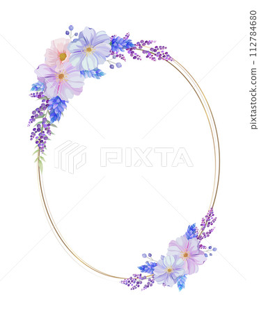 Ornate floral oval frame in blue, pink and purple. text space Ornate floral oval frame in blue, pink and purple. text space 112784680
