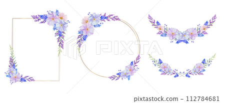 Ornate floral frame in blue, pink and purple. Round, square circular frame. 112784681