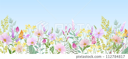 Ornate pink and purple floral landscape frame. blue sky background 112784817