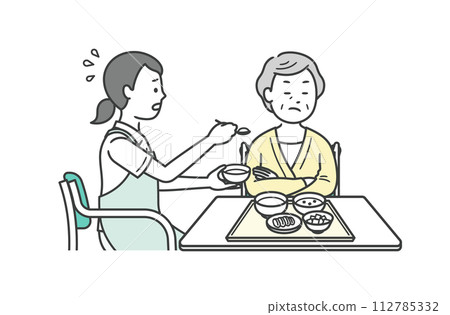 Illustration of a caregiver assisting with meals and an elderly woman refusing meals Illustration of a caregiver assisting with meals and an elderly woman refusing meals 112785332