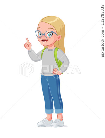 Cute little school girl in glasses index finger pointing up with idea. Cartoon vector illustration. 112785338
