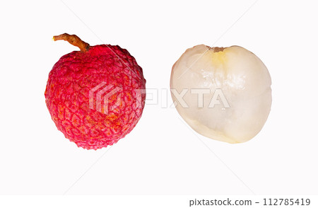 juicy Lychee two type isolated on white background. Has red shell. Fruit that has delicious, sweet aroma. Peel has antioxidant properties. Can be processed into canned fruit. juicy Lychee two type isolated on white background. Has red shell. Fruit that has delicious, sweet aroma. Peel has antioxidant properties. Can be processed into canned fruit. 112785419