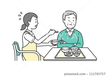 Illustration of a caregiver assisting with meals and an elderly man refusing meals Illustration of a caregiver assisting with meals and an elderly man refusing meals 112785757
