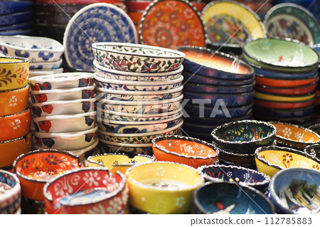 top view of Turkish traditional design ceramic plates in Old Bazaar in Istanbul top view of Turkish traditional design ceramic plates in Old Bazaar in Istanbul 112785883