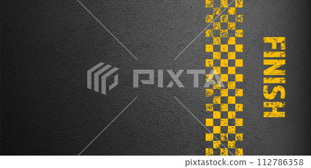Asphalt road with yellow finish line marking, concrete highway surface, texture. Street traffic lane, road dividing strip. Pattern with grainy structure, grunge stone background. Vector illustration Asphalt road with yellow finish line marking, concrete highway surface, texture. Street traffic lane, road dividing strip. Pattern with grainy structure, grunge stone background. Vector illustration 112786358