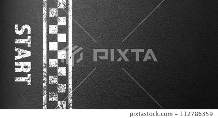 Asphalt road with white start line marking, concrete highway surface, texture. Street traffic lane, road dividing strip. Pattern with grainy structure, grunge stone background. Vector illustration Asphalt road with white start line marking, concrete highway surface, texture. Street traffic lane, road dividing strip. Pattern with grainy structure, grunge stone background. Vector illustration 112786359