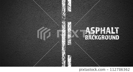 Asphalt road with white cracked lane marking, concrete highway surface, texture. Street traffic line, road dividing strip. Pattern with grainy structure, grunge stone background. Vector illustration Asphalt road with white cracked lane marking, concrete highway surface, texture. Street traffic line, road dividing strip. Pattern with grainy structure, grunge stone background. Vector illustration 112786362