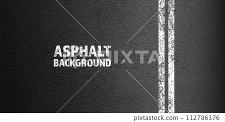 Asphalt road with white cracked lane marking, concrete highway surface, texture. Street traffic line, road dividing strip. Pattern with grainy structure, grunge stone background. Vector illustration Asphalt road with white cracked lane marking, concrete highway surface, texture. Street traffic line, road dividing strip. Pattern with grainy structure, grunge stone background. Vector illustration 112786376