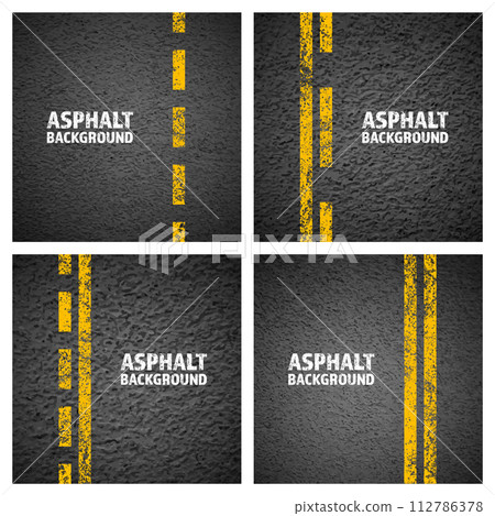 Asphalt road with yellow cracked lane marking, concrete highway surface, texture. Street traffic line, road dividing strip. Pattern with grainy structure, grunge stone background. Vector illustration 112786378