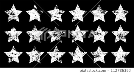 Vintage stars with cracks and stains. Old hand-drawn sign, white simple shape. Retro design element with distressed effect, grunge texture. Vector illustration 112786393
