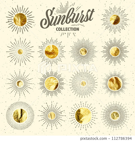 Vintage grunge sunburst sunset beams. Gold foil, shiny handmade circles. Golden glittering texture, pattern. Hand drawn bursting sun, light rays. Logotype, lettering, retro style. Vector illustration 112786394