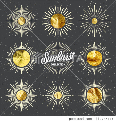 Vintage grunge sunburst sunset beams. Gold foil, shiny handmade circles. Golden glittering texture, pattern. Hand drawn bursting sun, light rays. Logotype, lettering, retro style. Vector illustration Vintage grunge sunburst sunset beams. Gold foil, shiny handmade circles. Golden glittering texture, pattern. Hand drawn bursting sun, light rays. Logotype, lettering, retro style. Vector illustration 112786443