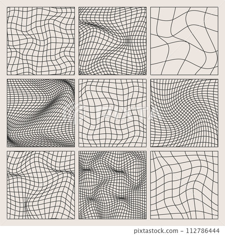 Wireframe shapes, lined perspective mesh, 3d grid. Low poly geometric elements. Retro futuristic design elements, y2k, vaporwave and synthwave style. Vector illustration Wireframe shapes, lined perspective mesh, 3d grid. Low poly geometric elements. Retro futuristic design elements, y2k, vaporwave and synthwave style. Vector illustration 112786444