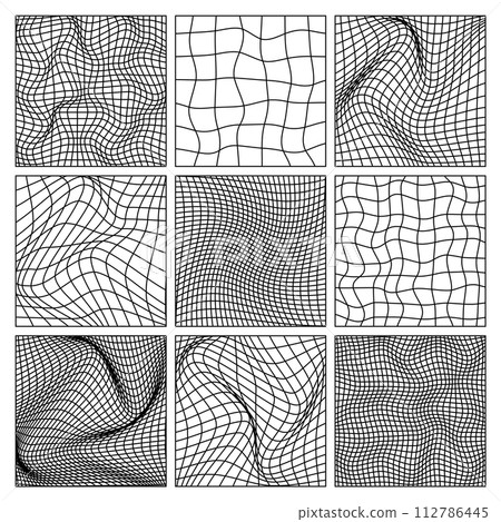 Wireframe shapes, lined perspective mesh, 3d grid. Low poly geometric elements. Retro futuristic design elements, y2k, vaporwave and synthwave style. Vector illustration Wireframe shapes, lined perspective mesh, 3d grid. Low poly geometric elements. Retro futuristic design elements, y2k, vaporwave and synthwave style. Vector illustration 112786445