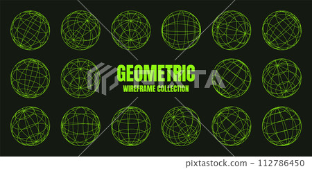 Wireframe shapes, lined sphere. Perspective mesh, 3d grid. Low poly geometric elements. Retro futuristic design elements, y2k, vaporwave and synthwave style. Vector illustration 112786450