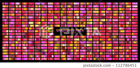 Red, violet glossy gradient, metal foil texture. Sunset color swatch set, summer vibes. Collection of high quality gradients. Shiny metallic background. Design element. Vector illustration 112786451