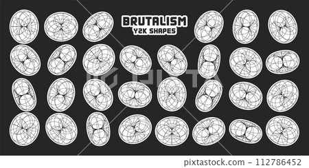 Wireframe shapes, lined torus. Perspective mesh, 3d grid. Modern trendy low poly geometric elements. Retro futuristic design elements, y2k, vaporwave and synthwave style. Vector illustration 112786452