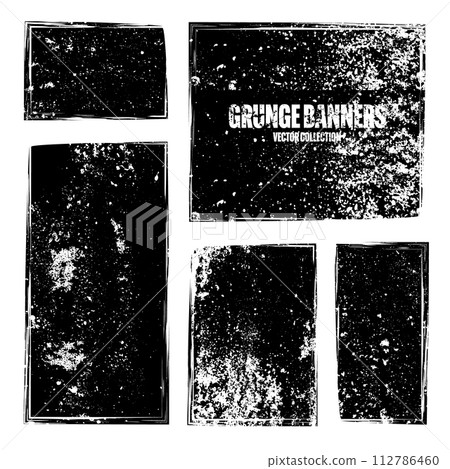 Grunge square frames, banners with stains and scratches. Brush stroke, rectangular shape design element. Distressed dirty text frame, border. Paintbrush, ink stains. Vector illustration Grunge square frames, banners with stains and scratches. Brush stroke, rectangular shape design element. Distressed dirty text frame, border. Paintbrush, ink stains. Vector illustration 112786460