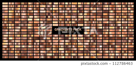 Bronze, copper orange glossy gradient, metal foil texture. Color swatch set. Collection of high quality gradients. Shiny metallic background. Design element. Vector illustration 112786463