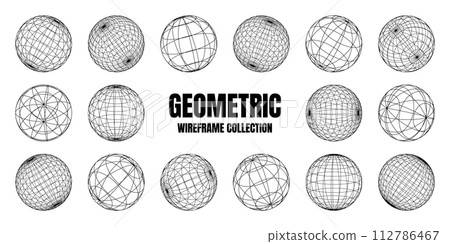 Wireframe shapes, lined sphere. Perspective mesh, 3d grid. Low poly geometric elements. Retro futuristic design elements, y2k, vaporwave and synthwave style. Vector illustration 112786467