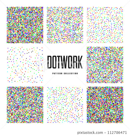 Square shaped dotted objects, vintage stipple elements. Stippling, dotwork drawing, shading using dots. Halftone effect. Colored noise grainy texture, pattern. Vector illustration. Square shaped dotted objects, vintage stipple elements. Stippling, dotwork drawing, shading using dots. Halftone effect. Colored noise grainy texture, pattern. Vector illustration. 112786471
