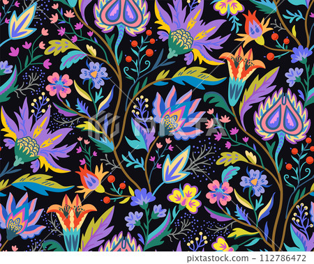 Rich vibrant colorful floral pattern in victorian style for decor, wallpaper, fabric design. Vector illustration. Rich vibrant colorful floral pattern in victorian style for decor, wallpaper, fabric design. Vector illustration. 112786472