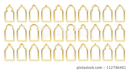 Islamic frames, oriental style. Golden arabic shapes, windows and arches. Traditional ornamental banner, frame. Muslim holidays, Ramadan Kareem. Modern eastern architecture. Vector illustration Islamic frames, oriental style. Golden arabic shapes, windows and arches. Traditional ornamental banner, frame. Muslim holidays, Ramadan Kareem. Modern eastern architecture. Vector illustration 112786481