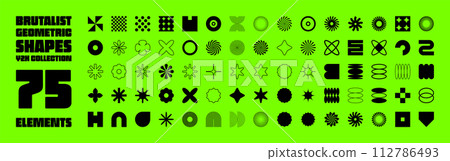 Brutalist geometric shapes, symbols. Simple primitive elements and forms. Retro design, trendy contemporary minimalist style, y2k. Vector illustration Brutalist geometric shapes, symbols. Simple primitive elements and forms. Retro design, trendy contemporary minimalist style, y2k. Vector illustration 112786493