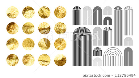 Mid century arch elements, modern geometric shapes. Gold foil, shiny handmade circles. Golden glittering texture, pattern. Contemporary design, minimalist art. Trendy design. Vector illustration Mid century arch elements, modern geometric shapes. Gold foil, shiny handmade circles. Golden glittering texture, pattern. Contemporary design, minimalist art. Trendy design. Vector illustration 112786494