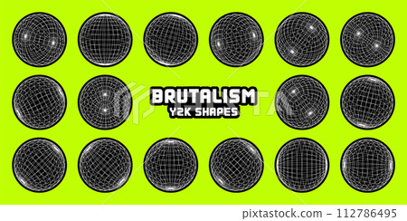 Wireframe shapes, lined sphere. Perspective mesh, 3d grid. Modern trendy low poly geometric elements. Retro futuristic design elements, y2k, vaporwave and synthwave style. Vector illustration Wireframe shapes, lined sphere. Perspective mesh, 3d grid. Modern trendy low poly geometric elements. Retro futuristic design elements, y2k, vaporwave and synthwave style. Vector illustration 112786495
