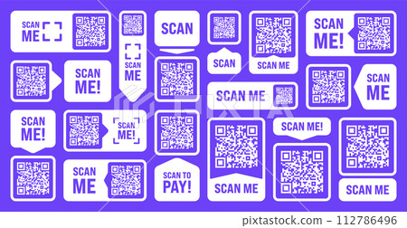 Scan me QR code sticker. Online payment. Special offer sale stickers, shopping discount label or promotional badge. Serial number, product ID. Supermarket retail label, price tag. Vector illustration Scan me QR code sticker. Online payment. Special offer sale stickers, shopping discount label or promotional badge. Serial number, product ID. Supermarket retail label, price tag. Vector illustration 112786496