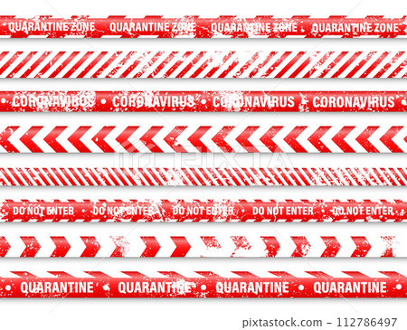 Old grunge quarantine zone warning tape. Novel coronavirus outbreak. Global lockdown. Red coronavirus danger stripe. Police caution line, restricted area. Construction tape. Vector illustration Old grunge quarantine zone warning tape. Novel coronavirus outbreak. Global lockdown. Red coronavirus danger stripe. Police caution line, restricted area. Construction tape. Vector illustration 112786497