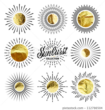 Vintage sunburst, sunset beams. Gold foil, shiny handmade circles. Golden glittering texture, pattern. Hand drawn bursting sun, light rays. Logotype or lettering, retro style. Vector illustration Vintage sunburst, sunset beams. Gold foil, shiny handmade circles. Golden glittering texture, pattern. Hand drawn bursting sun, light rays. Logotype or lettering, retro style. Vector illustration 112786504