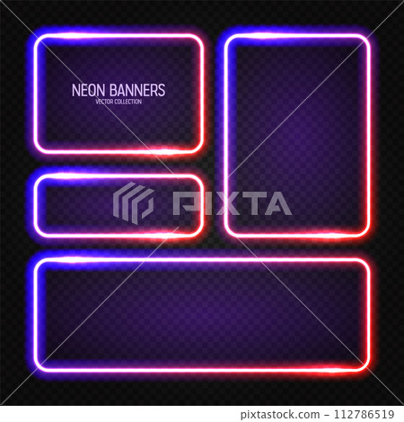 Glowing neon banners, illuminated colorful square frames. Shiny vibrant border, glow effect. Violet vintage retro lights, night illumination. Modern futuristic UI design elements. Vector illustration 112786519