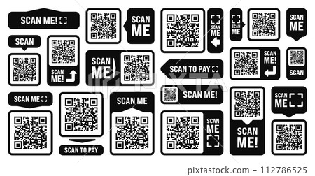 Scan me QR code sticker. Online payment. Special offer sale stickers, shopping discount label or promotional badge. Serial number, product ID. Supermarket retail label, price tag. Vector illustration 112786525