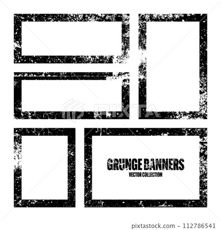 Grunge square frames, banners with stains and scratches. Brush stroke, rectangular shape design element. Distressed dirty text frame, border. Paintbrush, ink stains. Vector illustration 112786541