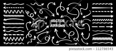 Hand drawn arrows, highlighter lines. Marker stroke, brush pen drawn underline. Handwritten text pointers, notes, marks. Vector illustration 112786543