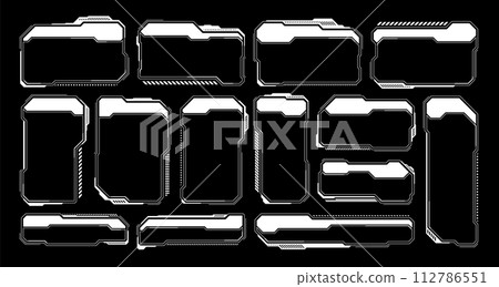 White futuristic HUD, UI elements. Sci-fi user interface text boxes, callouts. Warning message frames, information boxes template. Modern game interface layout in digital style. Vector illustration White futuristic HUD, UI elements. Sci-fi user interface text boxes, callouts. Warning message frames, information boxes template. Modern game interface layout in digital style. Vector illustration 112786551