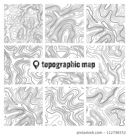 Topographic map with contour lines. Geographic terrain grid, relief height elevation. Ground path pattern. Travel and navigation, cartography design element. Vector illustration 112786552