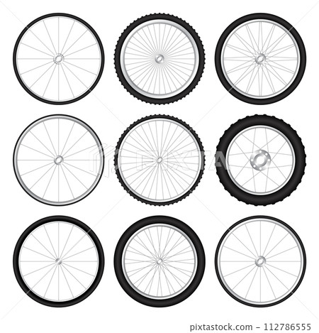 Realistic 3d bicycle wheels. Bike rubber tyres, shiny metal spokes and rims. Fitness cycle, touring, sport, road and mountain bike. Vector illustration Realistic 3d bicycle wheels. Bike rubber tyres, shiny metal spokes and rims. Fitness cycle, touring, sport, road and mountain bike. Vector illustration 112786555