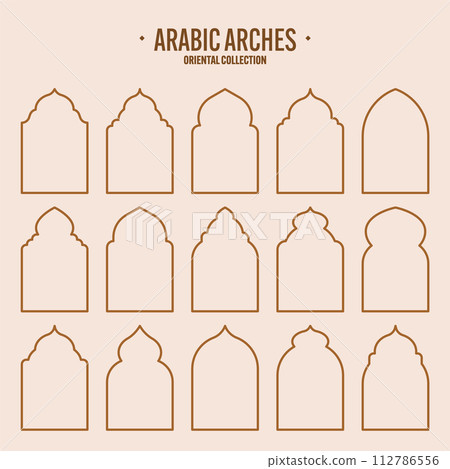 Islamic frames, oriental style objects. Arabic shapes, windows and arches. Traditional ornamental banner, frame. Muslim holidays, Ramadan Kareem. Modern eastern architecture. Vector illustration 112786556