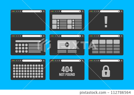 Web browser window, pages layout with toolbar and search field. Modern website, internet page in flat style. Browser mockup for computer, tablet and smartphone. Adaptive UI. Vector illustration Web browser window, pages layout with toolbar and search field. Modern website, internet page in flat style. Browser mockup for computer, tablet and smartphone. Adaptive UI. Vector illustration 112786564