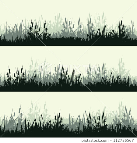 Meadow silhouettes with grass, plants on plain. Panoramic summer lawn landscape with herbs, various weeds. Herbal border, frame. Nature background. Green horizontal banner. Vector illustration 112786567