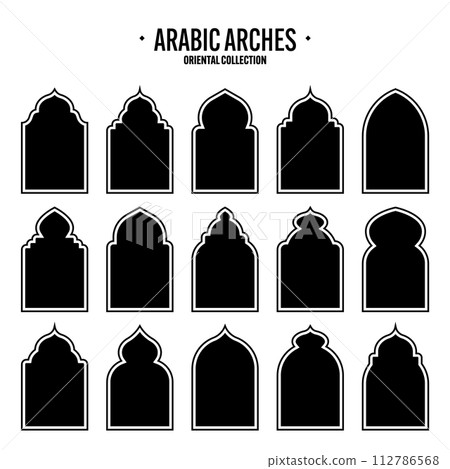 Islamic frames, oriental style objects. Arabic shapes, windows and arches. Traditional ornamental banner, frame. Muslim holidays, Ramadan Kareem. Modern eastern architecture. Vector illustration 112786568